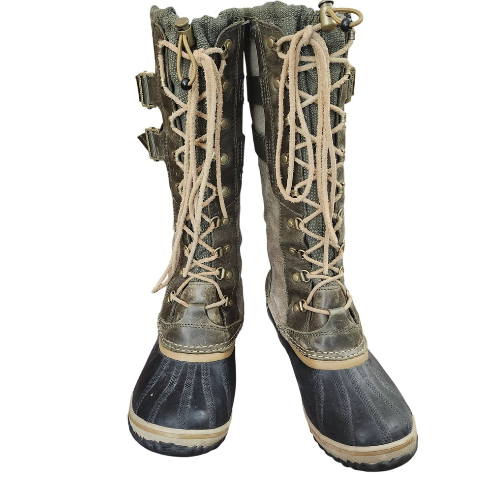 Sorel Conquest Carly Tall Waterproof Winter Boots Olive Green Leather Womens 10